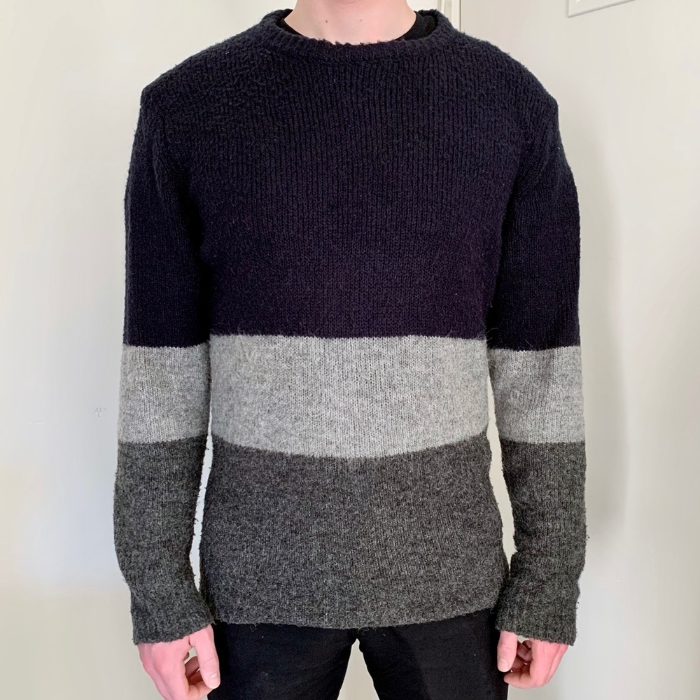 Frank & Oak Navy Gray Colorblock Crewneck Sweater Knit Winter Fisherman Sailor M